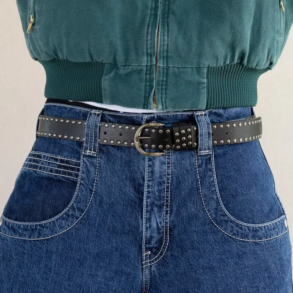 Vintage Black Studded Leather Belt Triple Row Silver Studs Y2K Streetwear Unisex